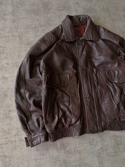 (L) Vintage City Streets Leather Bomber Jacket