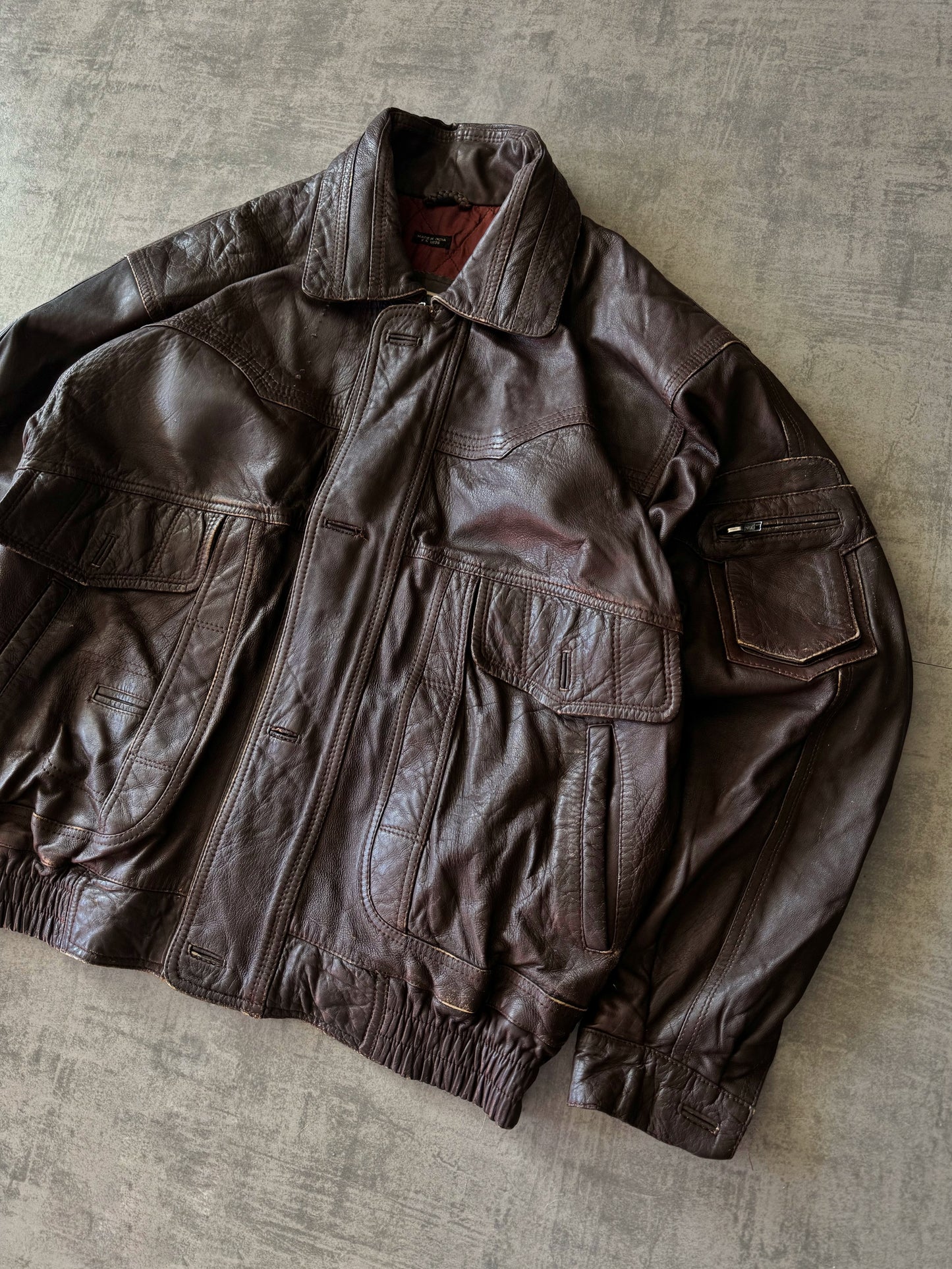 (L) Vintage City Streets Leather Bomber Jacket